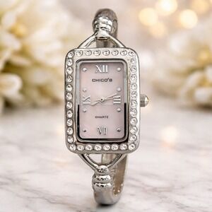 Chico's Silver Rhinestone Cuff Bangle Watch Quartz Japan Movement Y2K